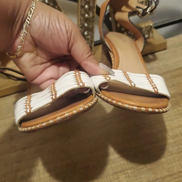 COACH Pexton White Tan Brown Block Heel Ankle Strap Sandals Women's Sz 8, Boho - Picture 7 of 12
